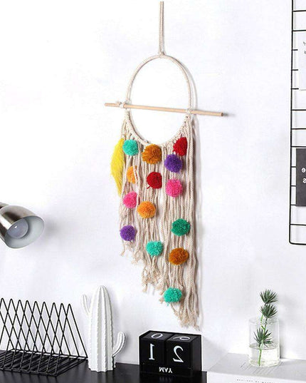 European Plush Ball Tassel Tapestry - Colorful Cotton Wall Hanging
