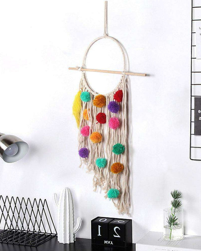 European Plush Ball Tassel Tapestry - Colorful Cotton Wall Hanging