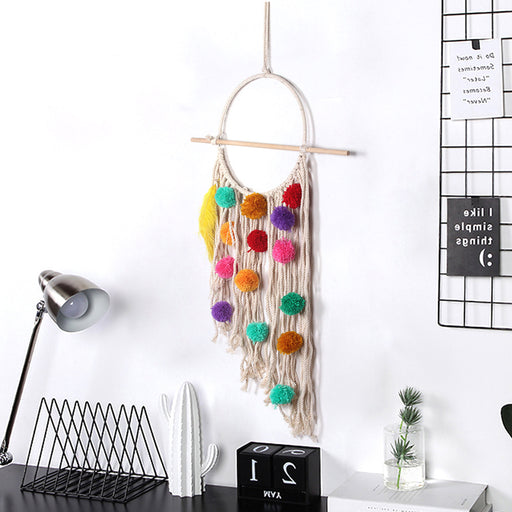 European Plush Ball Tassel Tapestry - Colorful Cotton Wall Hanging