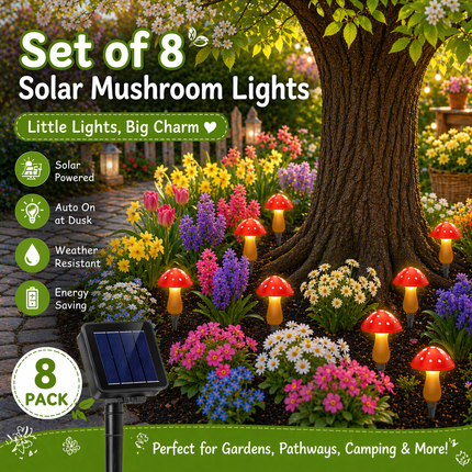 Solar Mushroom Garden Ground Light | 8 & 12 LED, 8 Lighting Modes, Warm White