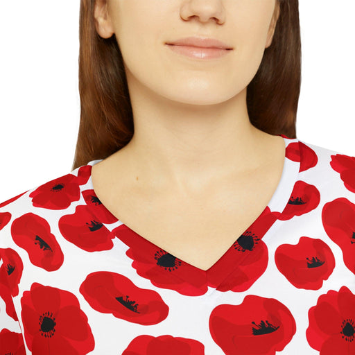 Red Poppies Très Fancy Women's Long Sleeve V-neck Shirt - Stylish, Versatile, and Comfortable