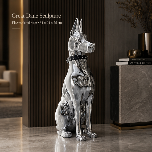 Oversized Electroplated Great Dane Floor Sculpture — Studded Collar Detail