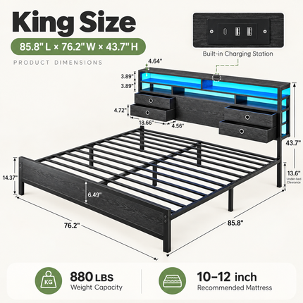 King Bed Frame with 3-Tier Storage Headboard, RGB LED, 4 Drawers & Charging Station — Black / Brown Platform Beds & Bed Frames king-bed-frame-with-storage-headboard-led-lights-charging-station-4-drawers-heavy-duty-no-box-spring-needed Furniture > Bedroom Furniture > Beds & Bed Frames > Platform Beds