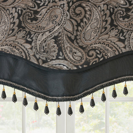 Room & Decor Jacquard Rod Pocket Valance with Beads, Black 50x18