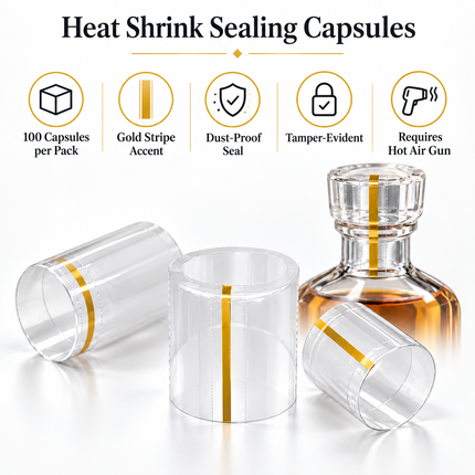 Heat Shrink Sealing Capsules for Glass Bottles — 100pcs, Gold Stripe, 12 Sizes