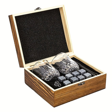 Peekaboo Studio Whiskey Stones Gift Set with 2 Glasses & Wooden Box