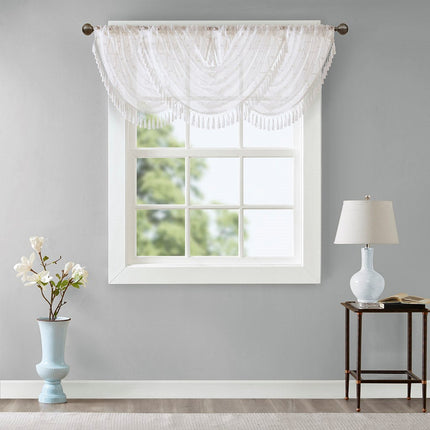 Room & Decor Diamond Sheer Embroidered Waterfall Valance, 38x46", Whit