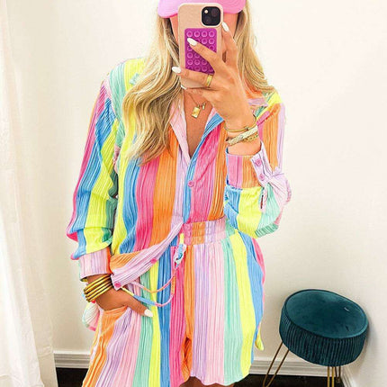 Colorful Crinkle Shirt and Shorts Ensemble with Playful Rainbow Stripes