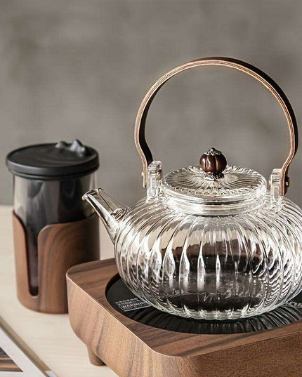 800ML Borosilicate Glass Teapot with Wooden Handle and Built-in Strainer for Effortless Stovetop Brewing