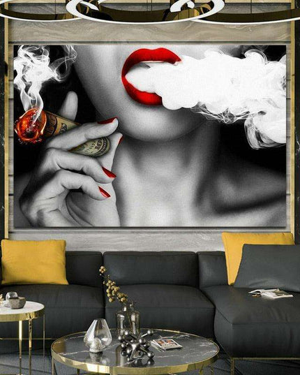 Contemporary Elegance: Abstract Canvas Art of Women, Smoke, and Currency