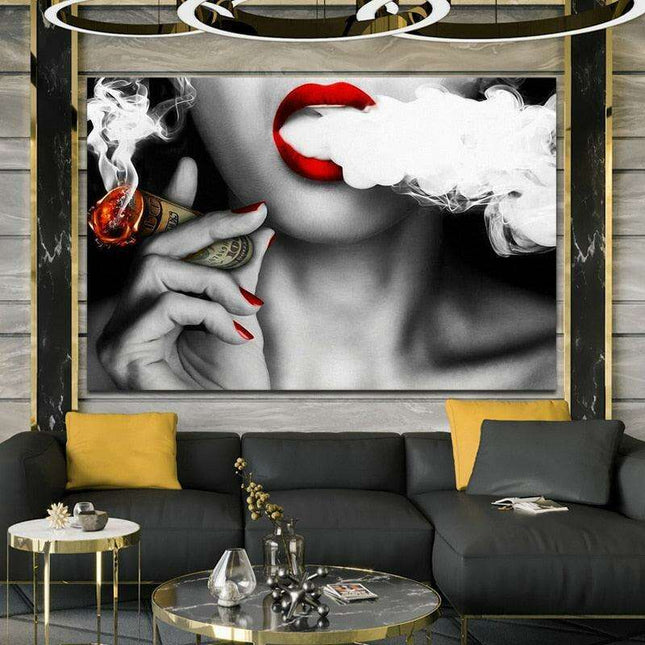 Contemporary Elegance: Abstract Canvas Art of Women, Smoke, and Currency