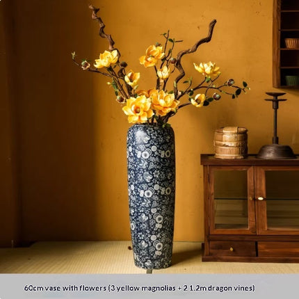 Blue And White Floor Vase Ceramic Tea Rooms Arrangement With Artificial Flowers