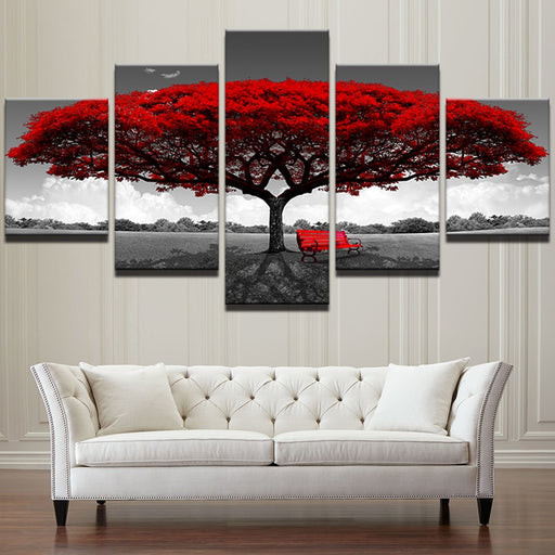 Red Tree Landscape Canvas Prints Set - Modern Nature Art for Elegant Home Decor