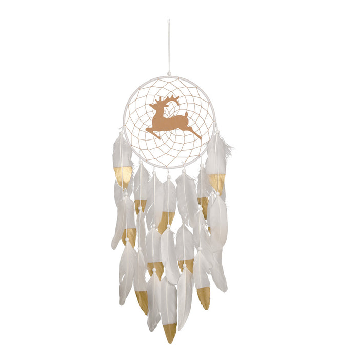 Elk Feather Dream Catcher Wall Hanging Decor with White Double Feathers and Elk Design