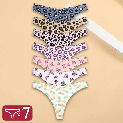 7Pcs Seamless Ice Silk Thong Set for Women - Fresh Low Waisted Print Underwear - Très Elite