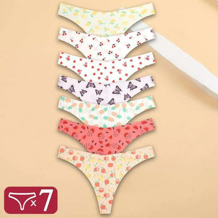 7Pcs Seamless Ice Silk Thong Set for Women - Fresh Low Waisted Print Underwear - Très Elite