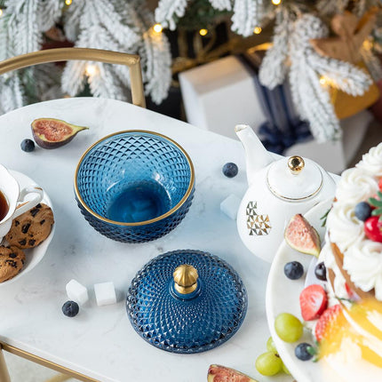 Room & Decor S2 Blue Gold Glass Candy Jar with Lid - Christmas Decor
