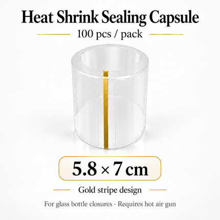 Heat Shrink Sealing Capsules for Glass Bottles — 100pcs, Gold Stripe, 12 Sizes