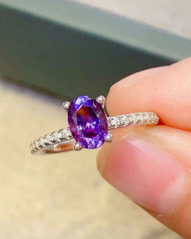 Lavender Lab-Diamond 1 Carat Sterling Silver Ring with Platinum Accents - Luxurious Purple Gemstone Jewelry for an Elegant Touch