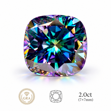 Rainbow Green Moissanite Cushion Cut Gemstone with GRA Certificate