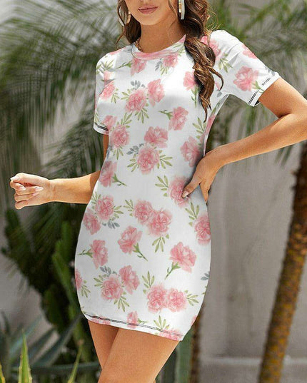 Chic White Wrap Dress with Short Sleeves and Round Neckline