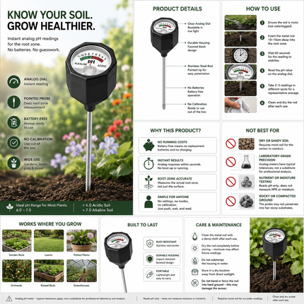 Soil pH Meter with Rod — Portable Analog Tester, Battery-Free