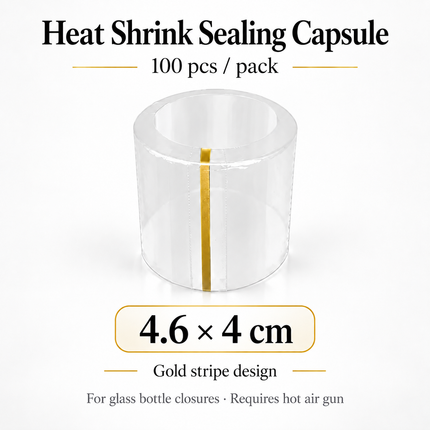 Heat Shrink Sealing Capsules for Glass Bottles — 100pcs, Gold Stripe, 12 Sizes