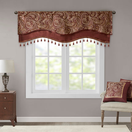 Room & Decor Jacquard Rod Pocket Valance, Beaded, Burgundy 50x18