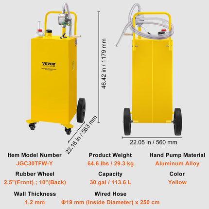 VEVOR 30 Gallon Fuel Caddy with Manual Transfer Pump & 4 Wheels, Yello