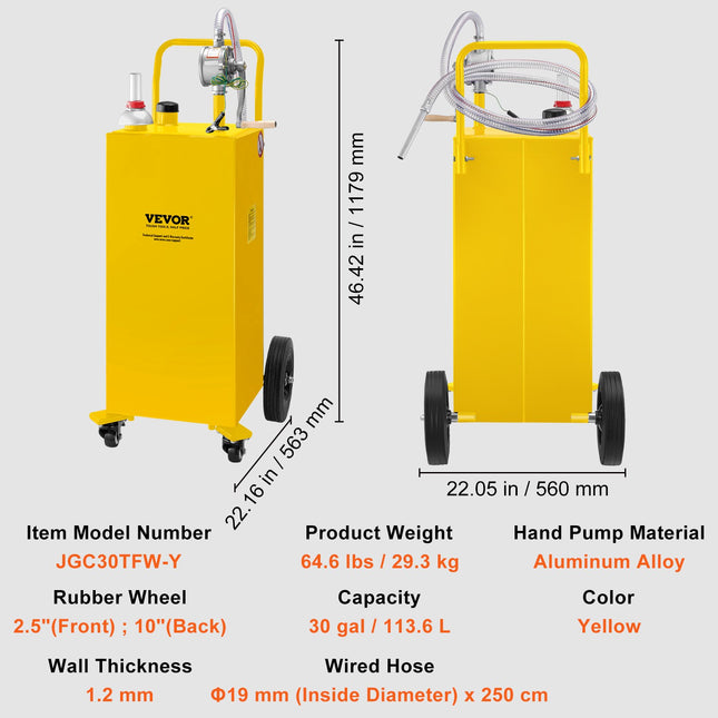 VEVOR 30 Gallon Fuel Caddy with Manual Transfer Pump & 4 Wheels, Yello