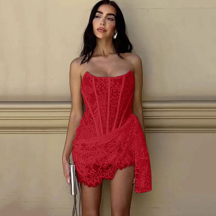 Peekaboo Studio Strapless Lace Dress with Back Lace-up & Slim Fit