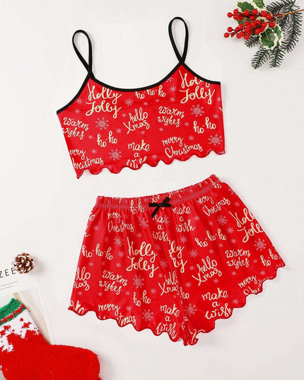 Christmas European And American Thin Pajamas Women's Sleeveless Shorts Milk Silk Simple Casual Two-piece Suit Homewear