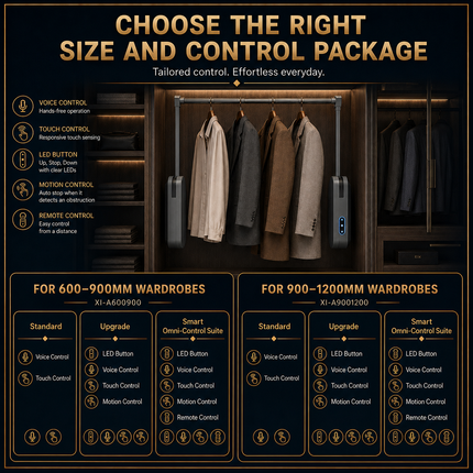 Intelligent Touch, Sensor & Voice Control Electric Wardrobe Lift — Aluminum, 15kg, Extendable 600–900mm / 900–1200mm