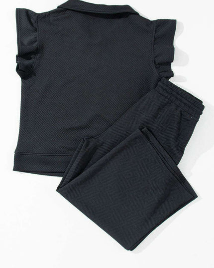 Chic Black Flutter Sleeve Top and Wide-Leg Trousers Ensemble