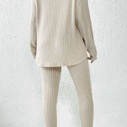 Chic Apricot Ribbed Knit Lounge Ensemble: Long Sleeve Top & Slim Fit Pants