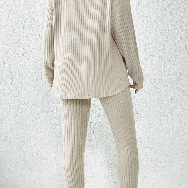 Chic Apricot Ribbed Knit Lounge Ensemble: Long Sleeve Top & Slim Fit Pants