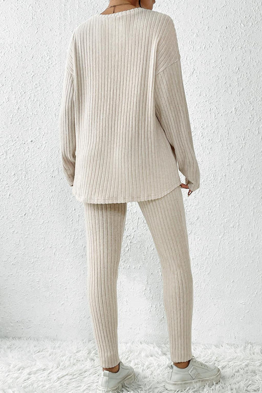 Cozy Apricot Ribbed Knit Lounge Set with Long Sleeve Top and Skinny Pants