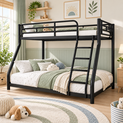 Heavy Duty Metal Bunk Bed Twin Over Full — Guardrail, Non-Slip Ladder, Black Bunk Beds & Bed Frames metal-bunk-bed-twin-over-full-with-guardrail-ladder-heavy-duty-for-apartment-bedroom-black Furniture > Bedroom Furniture > Beds & Bed Frames > Bunk Beds