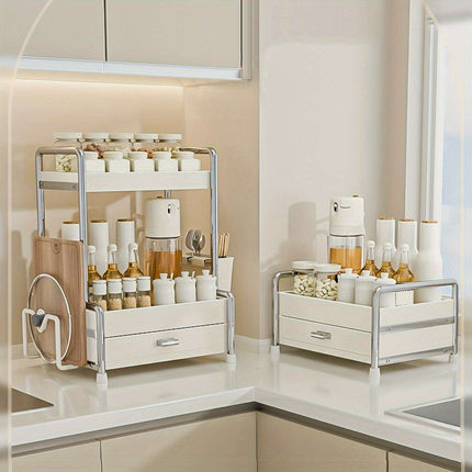 Elegant Milk White Stainless Steel Spice Organizer with Drawers, Chopping Board, and Utensil Holder for Home and Commercial Kitchens