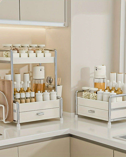 Elegant Milk White Stainless Steel Spice Organizer with Drawers, Chopping Board, and Utensil Holder for Home and Commercial Kitchens