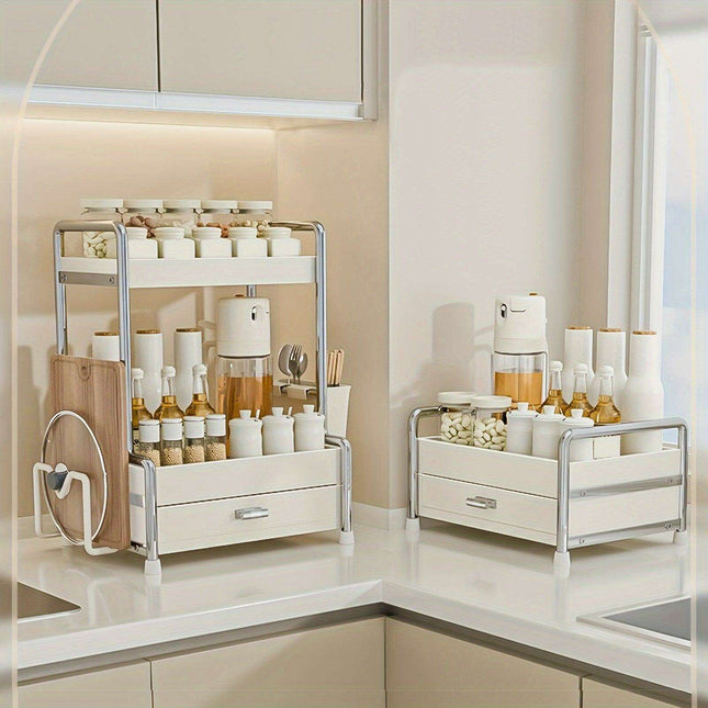 Elegant Milk White Stainless Steel Spice Organizer with Drawers, Chopping Board, and Utensil Holder for Home and Commercial Kitchens