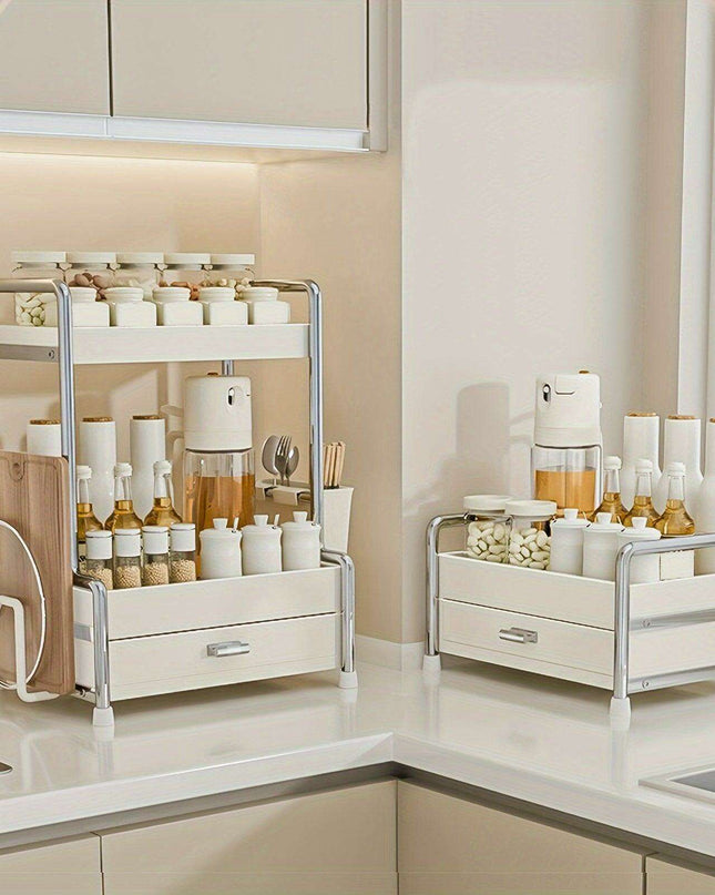 Elegant Milk White Stainless Steel Spice Organizer with Drawers, Chopping Board, and Utensil Holder for Home and Commercial Kitchens