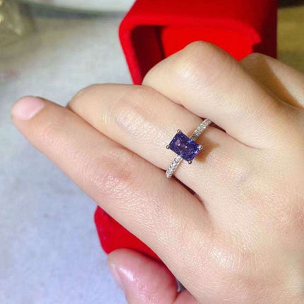 Blue Sapphire Moissanite Ring with Lab Created Diamond in Sterling Silver