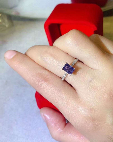 Blue Sapphire Moissanite Ring with Lab Created Diamond in Sterling Silver