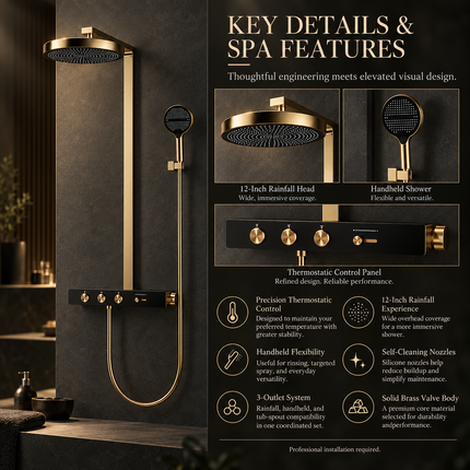 Luxury Concealed Thermostatic Shower System Set with Brass Rainfall Head & Gold Finish