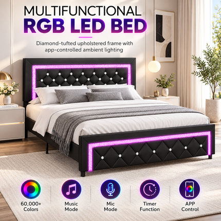 Shop1105673279 Queen Bed Frame, Upholstered, LED Lights, No Box Spring Platform Beds & Bed Frames queen-bed-frame-with-led-lights-upholstered-platform-bed-diamond-tufted-headboard-no-box-spring-needed-black