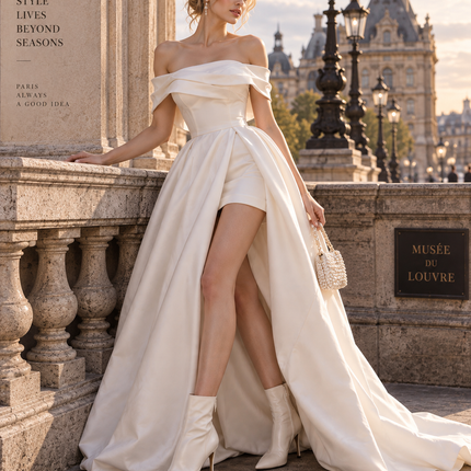 A woman models an elegant off-the-shoulder white dress with a high-low hem and matching white pointed-toe ankle boots, standing on a stone balcony in Paris with the Louvre and historic lamps in the background.