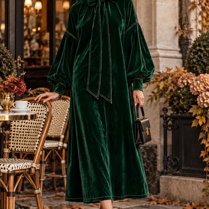 Peekaboo Studio High-Neck Velvet Dress with Bow & Elegant Design