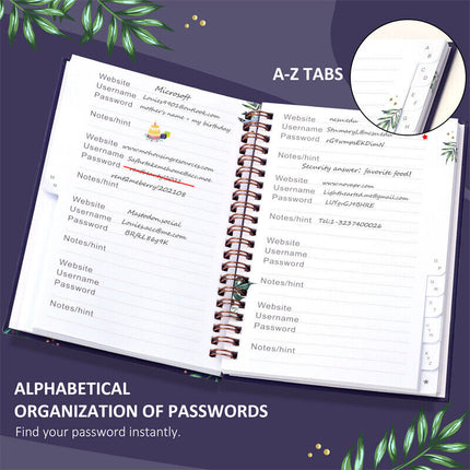 Spiral Flowers Password Organizer Book with Alphabetical Tabs, 140 Pag