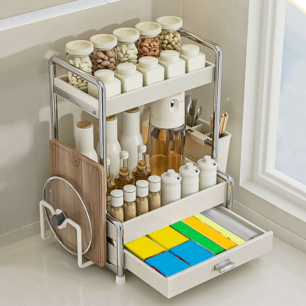Elegant Milk White Stainless Steel Spice Organizer with Drawers, Chopping Board, and Utensil Holder for Home and Commercial Kitchens